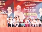 Delhi BJP chief Virendra Sachdeva addressing the public at a rally in Burari on Sunday. (HT Photo)