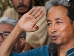 Climate activist Sonam Wangchuk addresses a press conference, in New Delhi.