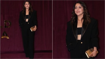 Gauri Khan attended Manish Malhotra's store launch in a chic black suit with a stylish bralette. (Instagram) Gauri Khan attended Manish Malhotra's store launch in a chic black suit with a stylish bralette. (Instagram)