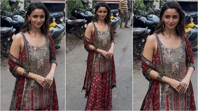 Alia Bhatt dazzled in an ethnic ensemble featuring a vibrant kurta and red sharara pants (Instagram) Alia Bhatt dazzled in an ethnic ensemble featuring a vibrant kurta and red sharara pants (Instagram)