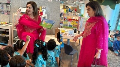 Ambani visited her grandson's school in a stunning rani pink kurta look. (Instagram/@daismumbai) Ambani visited her grandson's school in a stunning rani pink kurta look. (Instagram/@daismumbai)