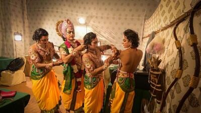 Artists getting ready before performing Ramlila at Shee Ram Kala Kendra on Friday, October 4. (RAJ K RAJ /HT PHOTO) Artists getting ready before performing Ramlila at Shee Ram Kala Kendra on Friday, October 4. (RAJ K RAJ /HT PHOTO)