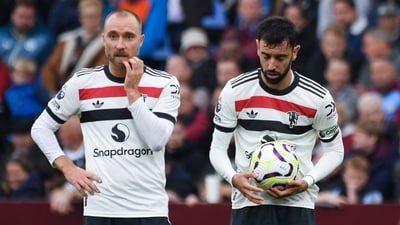 Christian Eriksen, left, and Manchester United's Bruno Fernandes react during the English Premier League soccer match between Aston Villa and Manchester United, at Villa Park in Birmingham, England. (AP) Christian Eriksen, left, and Manchester United's Bruno Fernandes react during the English Premier League soccer match between Aston Villa and Manchester United, at Villa Park in Birmingham, England. (AP)