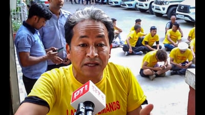 Climate activist Sonam Wangchuk during his hunger strike at the Ladakh Bhawan, in New Delhi, Sunday. (PTI)