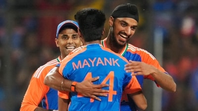 India's Mayank Yadav, back to the camera, is congratulated by teammates Arshdeep Singh, right, and captain Suryakumar Yadav as he celebrates the wicket of Bangladesh's Mahmudullah. (AP) India's Mayank Yadav, back to the camera, is congratulated by teammates Arshdeep Singh, right, and captain Suryakumar Yadav as he celebrates the wicket of Bangladesh's Mahmudullah. (AP)