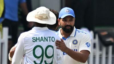 India skipper Rohit Sharma greets Bangladesh counterpart Najmul Hossain Shanto after winning the second Test in Kanpur’s Green Park Stadium on Tuesday for a 2-0 series sweep. (AFP) India skipper Rohit Sharma greets Bangladesh counterpart Najmul Hossain Shanto after winning the second Test in Kanpur’s Green Park Stadium on Tuesday for a 2-0 series sweep. (AFP)