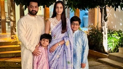 Jr NTR with wife Lakshmi Pranathi and sons Abhay and Bhargav. Jr NTR with wife Lakshmi Pranathi and sons Abhay and Bhargav.