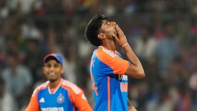 Mayank Yadav, right, reacts as he celebrates the wicket of Bangladesh's Mahmudullah during the first T20 cricket match between Bangladesh and India. (AP) Mayank Yadav, right, reacts as he celebrates the wicket of Bangladesh's Mahmudullah during the first T20 cricket match between Bangladesh and India. (AP)