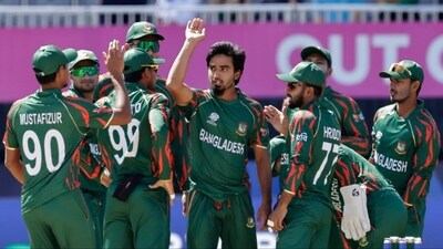 Bangladesh pacer Tanzim Hasan Sakib (in middle) celebrating during T20 World Cup 2024 with teammates (AP) Bangladesh pacer Tanzim Hasan Sakib (in middle) celebrating during T20 World Cup 2024 with teammates (AP)