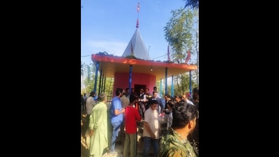 Over 20 years after 24 Kashmiri Pandits were massacred in Nadimarg village of south Kashmir, the village’s Arde Nareshwar temple was opened on Saturday in South Kashmir’s Kulgam district, officials said. (HT Photo) Over 20 years after 24 Kashmiri Pandits were massacred in Nadimarg village of south Kashmir, the village’s Arde Nareshwar temple was opened on Saturday in South Kashmir’s Kulgam district, officials said. (HT Photo)