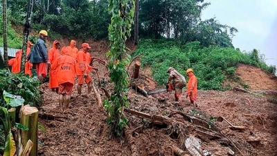 Search operation underway to retrieve the bodies of members of a family who got buried in a landslide, at Hatiasia Songma under Gasuapara in South Garo Hills district, Meghalaya. (PTI Photo) (PTI) Search operation underway to retrieve the bodies of members of a family who got buried in a landslide, at Hatiasia Songma under Gasuapara in South Garo Hills district, Meghalaya. (PTI Photo) (PTI)