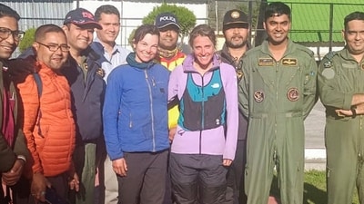 Two foreign women mountaineers, who were stranded at a height of 6,015 metres on the way to the Chaukhamba III peak in Uttarakhand's Chamoli district, after being rescued on Sunday (PTI Photo) (PTI) Two foreign women mountaineers, who were stranded at a height of 6,015 metres on the way to the Chaukhamba III peak in Uttarakhand's Chamoli district, after being rescued on Sunday (PTI Photo) (PTI)
