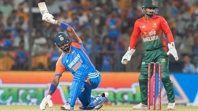Pandya sent the third ball, which was short and angling into him, over the keeper with a no-look ramp shot. He just kept his eyes on the bowler and kept looking as the ball flew behind him to the boundary, almost as if he left the ball in a club match. Then Pandya swung hard towards the leg side, the ball was sliced through point and short third and the bat went in the direction that the batter intended to hit. It went fpor four anyhow, thought. The all-rounder then smashed the fifth ball over midwicket for a six to finish it all off in style. (PTI)
