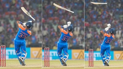 Hardik Pandya's bat ended up going in the direction towards which he intended to hit the ball, with the latter flying in the opposite direction (PTI) Hardik Pandya's bat ended up going in the direction towards which he intended to hit the ball, with the latter flying in the opposite direction (PTI)