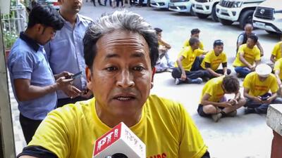 Sonam Wangchuk and his supporters at Ladakh Bhawan on Sunday. (PTI) Sonam Wangchuk and his supporters at Ladakh Bhawan on Sunday. (PTI)