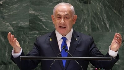 Israeli Prime Minister Benjamin Netanyahu speaks during the 79th Session of the United Nations General Assembly at the United Nations headquarters in New York City on September 27, 2024. (AFP) Israeli Prime Minister Benjamin Netanyahu speaks during the 79th Session of the United Nations General Assembly at the United Nations headquarters in New York City on September 27, 2024. (AFP)