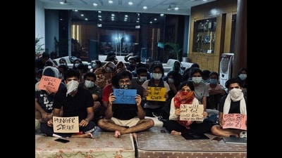 The protesting students at the Rajiv Gandhi National University of Law in Patiala on Sunday. (HT photo)