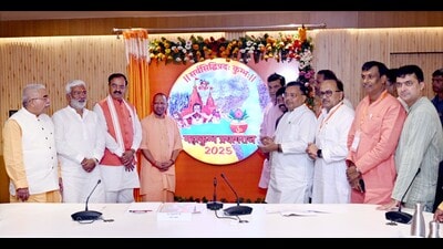 U P chief minister Yogi Adityanath and BJP leaders during the unveiling of Mahakumbh 2025 logo in Prayagraj. (HT photo)