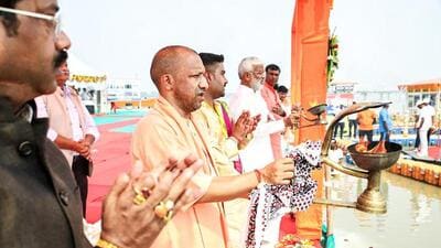 Uttar Pradesh chief minister Yogi Adityanath performs Ganga aarti at Sangam Ghat in Prayagraj. (ANI PHOTO)