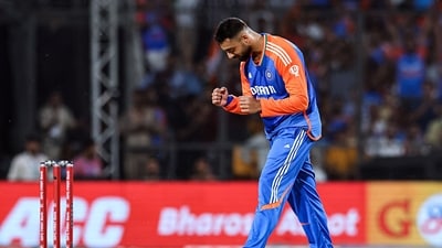 India's Varun Chakravarthy celebrates the wicket of Bangladesh's Towhid Hridoy during their first T20I match. (BCCI - X) India's Varun Chakravarthy celebrates the wicket of Bangladesh's Towhid Hridoy during their first T20I match. (BCCI - X)