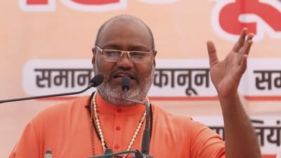 Priest Yati Narsinghanand at the 'Hindu Mahapanchayat' on Sunday. (PTI)