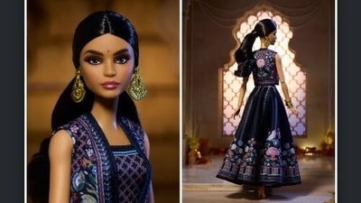 The newest Barbie Signature figurine will feature traditional Indian components such as patterned lehenga skirt, a floral vest known as a koti, and a cropped top called a choli. (https://creations.mattel.com/) The newest Barbie Signature figurine will feature traditional Indian components such as patterned lehenga skirt, a floral vest known as a koti, and a cropped top called a choli. (https://creations.mattel.com/)