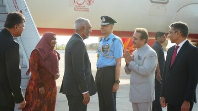 Maldives President Mohamed Muizzu landed in Delhi for his first state visit to India on Sunday. (X / @MEAIndia) Maldives President Mohamed Muizzu landed in Delhi for his first state visit to India on Sunday. (X / @MEAIndia)