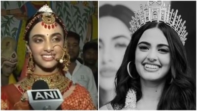On the third day of Navratri, Rhea Singha played the role of Goddess Sita in Ayodhya. (X/@ANI, Instagram/@singha.rhea) On the third day of Navratri, Rhea Singha played the role of Goddess Sita in Ayodhya. (X/@ANI, Instagram/@singha.rhea)