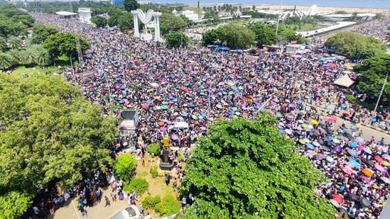 Chennai, Oct 06 (ANI): A huge crowd of people throng to witness the Indian Air Force Airshow 2024, at Marina Beach in Chennai on Sunday. (ANI Photo)