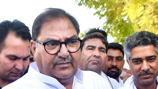 Indian National Lok Dal (INLD) Secretary General Abhay Singh Chautala talks to the media at a polling station in Chautala village in Sirsa. (ANI)