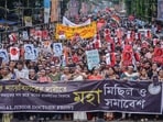  Junior doctors and others take out a protest march against the alleged sexual assault and murder of a postgraduate trainee doctor of the RG Kar Hospital, in Kolkata on Wednesday. (ANI Photo)
