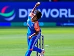 India's Arundhati Reddy bowls during the Group A match against Pakistan in the ICC Women's T20 World Cup 2024.