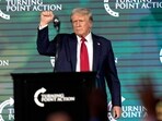 Republican presidential candidate former President Donald Trump gestures as he finishes speaking at The Believers' Summit 2024 at a Turning Point Action event in West Palm Beach, Fla., July 26, 2024. (AP Photo/Lynne Sladky, File)