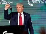 FILE - Republican presidential candidate former President Donald Trump gestures as he finishes speaking at The Believers' Summit 2024 at a Turning Point Action event in West Palm Beach, Fla., July 26, 2024. (AP Photo/Lynne Sladky, File)