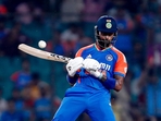 Hardik Pandya plays the no-look ramp shot off Taskin Ahmed in the first T20I against Bangladesh in Gwalior.