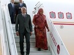 Maldives President Mohamed Muizzu and First Lady of Maldives, Sajidha Mohamed, arrive at the Delhi airport on Sunday. (ANI)