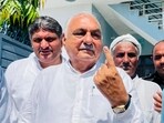 Haryana Assembly Leader of Opposition Bhupinder Singh Hooda shows his ink-marked finger after casting his vote during Haryana Assembly elections, in Rohtak, Saturday, Oct. 5, 2024. (PTI Photo) (PTI10_05_2024_000162B) Haryana Assembly Leader of Opposition Bhupinder Singh Hooda shows his ink-marked finger after casting his vote during Haryana Assembly elections, in Rohtak, Saturday, Oct. 5, 2024. (PTI Photo) (PTI10_05_2024_000162B)