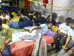 Protesting doctors continue indefinite hunger strike over RG Kar rape-murder incident at Esplanade in Kolkata, on Monday. (Samir Jana/HT photo)