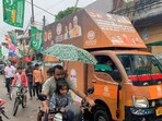 UP BJP Minority Morcha Rath (campaign vehicle) in a minority-dominated area of Bareilly recently. (HT Photo)
