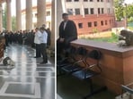In a video shared by senior Supreme Court advocate Sanjay Hegde, a couple of monkeys can be seen jumping onto a crowded corridor of the top court. In a video shared by senior Supreme Court advocate Sanjay Hegde, a couple of monkeys can be seen jumping onto a crowded corridor of the top court.