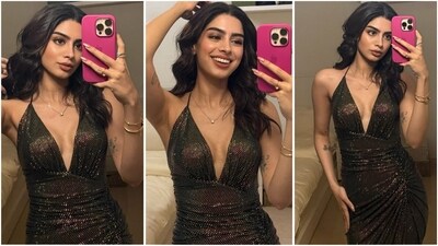 Khushi Kapoor's recent look is all about party vibes as she rocked an Alexandre Vauthier gown featuring a deep V neckline, halter design, and body-hugging fit. The sparkling fabric added an extra touch of glam to her stunning appearance. (Instagram)