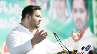 RJD leader Tejashwi Yadav addressing during one day minority cell meeting of party at RJD office in Patna, Bihar. (Santosh Kumar/ Hindustan Times)