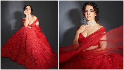 Sanya Malhotra's contemporary red lehenga set is sure to make you steal the limelight at Navratri party. Featuring an off-shoulder blouse, embroidered skirt and silver choker necklace, this look is pure glam. (Instagram/@sukritigrover) Sanya Malhotra's contemporary red lehenga set is sure to make you steal the limelight at Navratri party. Featuring an off-shoulder blouse, embroidered skirt and silver choker necklace, this look is pure glam. (Instagram/@sukritigrover)