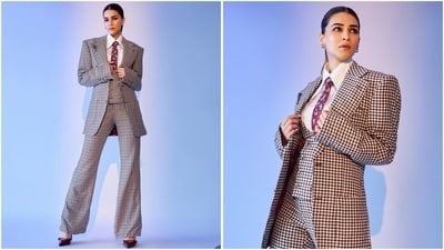 Kriti Sanon elevated her checkered blazer look by adding a pop of colour with a burgundy tie and matching shoes, perfectly contrasting her otherwise monochrome outfit. (Instagram)