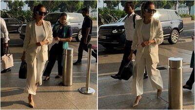 Malaika Arora looks classy in her latest airport appearance, featuring a grey tank top styled with a white open blazer and coordinated loose pants. Accessorised with nude pumps, black handbag and sunglasses, she completed her elegant look perfectly. (Instagram)