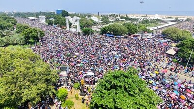 Chennai Air Show: A huge crowd of people thronged the Marina Beach in Chennai on Sunday to witness the Indian Air Force Airshow 2024, (ANI Photo) Chennai Air Show: A huge crowd of people thronged the Marina Beach in Chennai on Sunday to witness the Indian Air Force Airshow 2024, (ANI Photo)