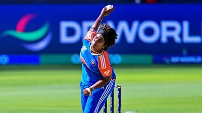 India's Arundhati Reddy bowls during the Group A match against Pakistan in the ICC Women's T20 World Cup 2024. (ICC) India's Arundhati Reddy bowls during the Group A match against Pakistan in the ICC Women's T20 World Cup 2024. (ICC)