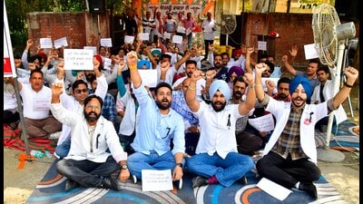Doctors during the protest at district veterinary polyclinic in Ludhiana on Monday. (HT photo) Doctors during the protest at district veterinary polyclinic in Ludhiana on Monday. (HT photo)