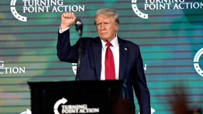 Republican presidential candidate former President Donald Trump gestures as he finishes speaking at The Believers' Summit 2024 at a Turning Point Action event in West Palm Beach, Fla., July 26, 2024. (AP Photo/Lynne Sladky, File) (AP) Republican presidential candidate former President Donald Trump gestures as he finishes speaking at The Believers' Summit 2024 at a Turning Point Action event in West Palm Beach, Fla., July 26, 2024. (AP Photo/Lynne Sladky, File) (AP)