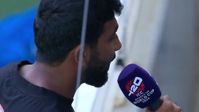 Jasprit Bumrah in the crowd during India vs Pakistan. (Broadcast screengrab) Jasprit Bumrah in the crowd during India vs Pakistan. (Broadcast screengrab)